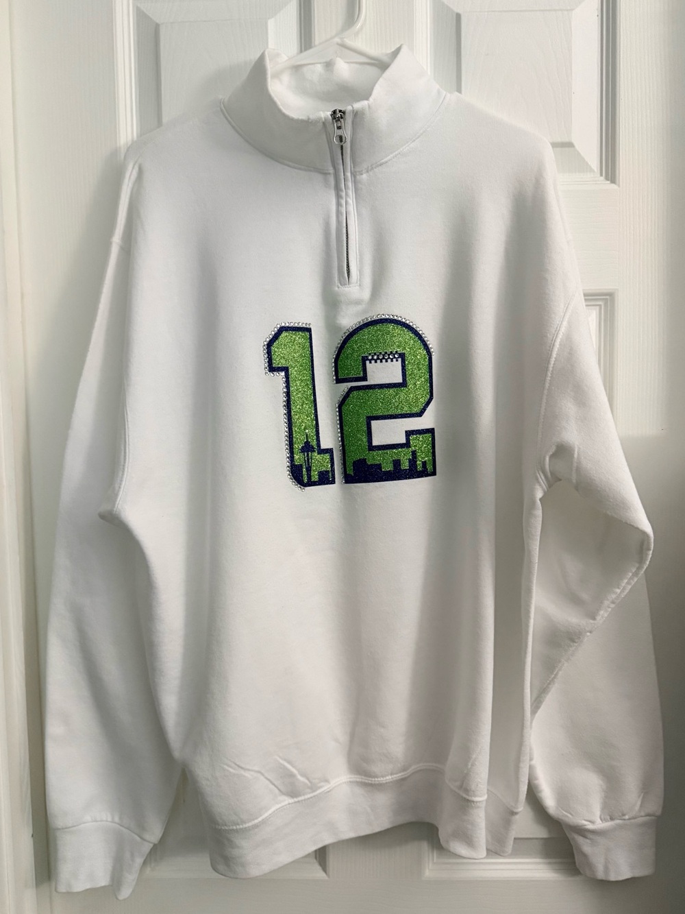 White Quarter-Zip Pullover Sweater with Seahawks '12' Design